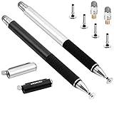 MEKO(2 Pcs)[2 in 1 Precision Series] Disc Stylus/Styli for All Touch Screen Devices Bundle with 4 Replaceable Disc Tips, 2 Replaceable Fiber Tips- (Black/Silver)