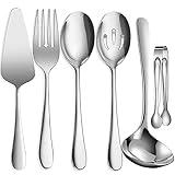 IAXSEE 6 PCS Stainless Steel Serving Utensils, Large Serving Spoons Slotted Spoons, Forks, Ice Suger Tongs, Cake Server, Soup Ladle, Metal Utensils Set Great for Buffet Catering Banquet Party, Silver