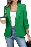 ELLEVEN Womens Blazer Business Casual Suit Jacket Slim Fit Fitted Ruched 3/4 Sleeve Petite Crop Blazer Dressy Full Lining Lightweight Outfits Coat Cardigan with Padded Shoulder Green Large