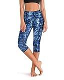 ODODOS Women's High Waisted Pattern Yoga Capri Leggings with Pockets, Tummy Control Non See Through Sports Athletic Workout Running Capris, Indigo, Medium