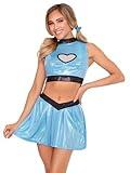 Leg Avenue Women’s 3 PC Super Sweetie Costume Matching Halloween Costumes for Women Sexy Includes Shimmer Crop Top with Mesh Heart Panel, V-Front Skirt, and (2) Blue Hair Ties, Blue, X-Small
