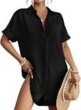 Bsubseach Bathing Suit Cover Up for Women Short Sleeve Bikini Beach Shirt Button Down Swim Cover Ups Black M