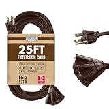 Cablectric 25 ft Brown Extension Cord with 3 Electrical Power Outlet - 16/3 SJTW Heavy Duty Cable with 3 Prong Plug for Safety, 13 AMP for Deck, Patio, Garden, Lawn, Landscaping & Outdoor Lights