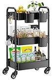 YASONIC 3 Tier Rolling Cart - Metal Utility Cart with Wheels, Hanging Cups, Hooks, Heavy Duty Mesh Rolling Storage Cart Organizer, Craft Cart for Kitchen Office, Lightweight and Sturdy