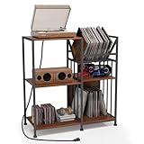 Record Player Stand with Adjustable LED Light and Charging Station, 3-Tier End Table Storage Up to 240 Albums, Audio-Visual Shelves with Vinyl Record Holder, Turntable Stand for Printer, Audio