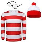 Adult Men Red and White Striped Tee Shirt Glasses Hat Outfit Suit Set Halloween Cosplay Costume Party Props (X-Large, Adult Men)