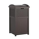 Suncast 33 Gallon Commercial Outdoor Trashcan Hideaway with Lid for 30 to 33 Gallon Trash Bags for Garage, Backyard, or Garden, Brown