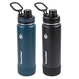 ThermoFlask Bottle with Spout Lid - Stainless Steel Water Bottles with Double-Wall Insulation & BPA-Free Spout Lids - Leak-Proof Reusable Bottles & Lids - 24 oz, Mayan Blue/Black (2 Pack)