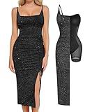 Popilush Formal Dresses for Women Sparkly Midi Dress Shapewear Tummy Control Square Neck Ruched Cocktail Dress Side Slit Black