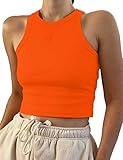 MISSACTIVER Women Basic Sleeveless Vest Crop Tank Top Casual Crew Neck Binding Crop Top (Small, Orange)