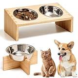 KIRIGEN Wood Elevated Cat Bowls Raised Pet Dog Bowl Stand Feeder with 3 Stainless Steel Bowls for Food and Water for Cats and Small Pets MWJ-NA