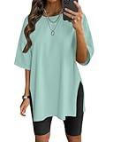 VNIRA Oversized T Shirt for Women Losse Fit Cotton Short Sleeve Workout Top Summer Casual Blouse Basic Split Hem Tee Tops Light Green