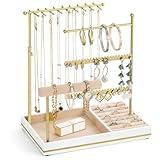 Emibele Jewelry Holder, Jewelry Organizer Stand Necklace Earrings Bracelet Holder, 5 Tier Jewelry Display Tower Rack with Metal Frame and Velvet Ring Tray, Aesthetic Jewelry Stand Gift for Women, Gold
