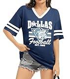 Football Shirt for Women Game Day Shirt Football Fans Mesh Tshirt Jersey V Neck Casual Short Sleeve Tops Blue, Medium