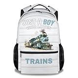 AIOMXZZ Train School Backpack for Kids, 16 Inch Blue Backpacks for Boys, Cartoon, Durable, Lightweight, Large Capacity Bookbag for Travel