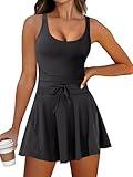 Caracilia Women's Tennis Mini Dresses Workout Built in Shorts Golf Athletic Sleeveless One Piece Summer Active Romper Dress Black Large