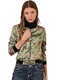 Allegra K Women's Winter Bomber Jacket Long Sleeve Stand Collar Zipper Floral Print Jacket With Pockets Medium Light Green