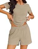 Ekouaer Pajamas Sets for Women Ribbed Knit Sleepwear Set Soft Short Sleeve Pjs with Pockets Casual Lounge Sets with Pockets Beige S