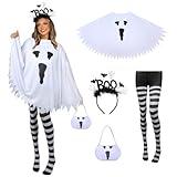 KUIRAN 4 PCS Halloween Costume Set for Women Adult Ghost Costume, Ghost Costume Poncho, Candy bag, Ghost Headband and Nylon Striped Tights for Halloween Cosplay Party