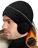 BEACE Winter Fleece Line Beanie Knit Hats with Ear Flaps for Men Women,Warm Thermal Stocking Caps for Outdoor Cold Weather Black