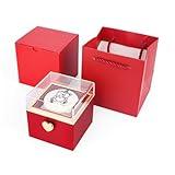 OJKET Rotating Reversible Ring Gift Box with Birthday Cake & Little Bear Design – Proposal Jewelry Holder for Anniversaries, Valentine’s, Weddings (Acrylic with Fabric Interior) (Red)