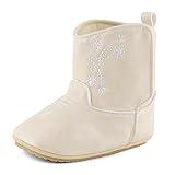 ESTAMICO Baby Girls Boots Embroidery Western Cowgirl Booties Non Slip Warm First Walking Shoes, Beige 12-18 Months