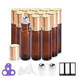 PrettyCare 12 Pack, 10 ml Essential Oil Roller Bottles with Stainless Steel Roller Ball - Refillable Leak-proof Empty Thick Amber Glass Roll on Bottles with Metal Caps for Travel, Perfume