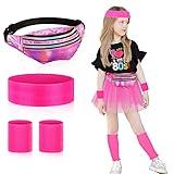 Tarpop 5 Pcs 80s Neon Leg Warmers Set for Kids Girls Knit Pink Leg Warmers Pack Headband Wristbands for Kids Party Costumes(Holographic Pink Fanny Pack)