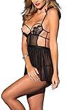 ALLoveble Women's Sexy Lace Lingerie Dress Cupless Strappy Chemise babydoll Nightwear (S, Black)