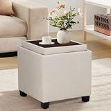 COLAMY Fabric Square Storage Ottoman with Reversible Tray Lid – Multi-Functional Footrest, Hidden Storage, Sturdy & Stylish Small Coffee Table for Living Room, Bedroom, or Entryway(Beige)