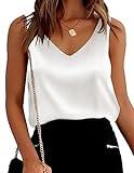 Ekouaer Womens Satin Tank Tops V Neck Sleeveless Soft Cami Camisole Blouses Summer Basic Shirt White
