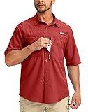 Men's Fishing Shirts with Zipper Pockets UPF 50+ Lightweight Cool Short Sleeve Button Down Shirts for Men Casual Hiking(Red,XX-Large)