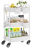 YASONIC Metal 3 Tier Rolling Cart - Heavy Duty Utility Cart with Lockable Wheels, Hanging Cups, Hooks, Mesh Rolling Storage Cart Craft Cart Organizer, Lightweight and Sturdy, White