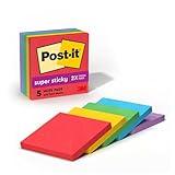 Post-it Super Sticky Notes, 3x3 in, 5 Pads, 2x the Sticking Power, Playful Primaries, Primary Colors (Red, Yellow, Green, Blue, Purple), Recyclable(654-6SSAN)