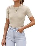 ZESICA Women's Short Sleeve Sweater Tops 2025 Summer Crewneck T Shirt Ribbed Knit Slim Fit Basic Solid Color Tee,Almond,Small