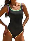 popvil Women's One Piece Swimsuits 2025 Tummy Control - Adjustable Strap Bathing Suit - Neon Color Block Sexy Sport Swim Suits,Black,Medium