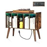 Record Player Stand with LED Light - Large Turntable Stand with Vinyl Record Storage, Record Player Table Up to 120 Albums, Record Stand with Outlet Bookself end-Table (Antique Brown)