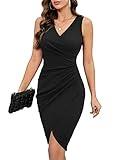 IHOT Women's Dresses for Wedding Guest Deep V Neck Sleeveless Ruched Sheath Wrap Dress Midi Funeral Work Cocktail Party Dresses for Special Occasions Black Large