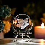 HDCRYSTALGIFTS 3D Engraving Flower Crystal Ball Paperweight with Silver-Plated Stand 60mm Glass Decorative Ball Sphere for Home Decor (Cherry Blossoms)