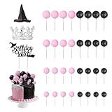 35 Pcs Wicked Party Decorations Supplies Witch Cake Topper Set with Crown Witch Hat Non Edible Cupcake Toppers for Pink and Green Birthday Decoration