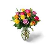 12 Assorted Roses and Greens with Vase - Holidays Collection - KaBloom Prime Next Day - Gift for Birthday, Sympathy, Anniversary, Get Well, Thank You, Valentine, Mother’s Day Fresh Flowers