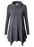 Bulotus Women's Long Sleeve Cowl Neck Drawstring Tunic Fall Casual Plus Size Long Top Shirt,Dark Grey,XXX-Large