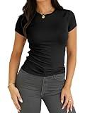 Abardsion 2024 Women Casual Activewear T Shirts Basic Crewneck Raglan Short Sleeve Slim Tight Fit Going Out Tops (Black, L)