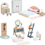 Giant bean 24 PCS Wooden Plastic Dollhouse Furniture Set, Bathroom and Bedroom Set, Wood Dollhouse Accessories Pretend Play Furniture Toys, Christmas Birthday Gift for Boys Girls Kids & Toddlers 3+