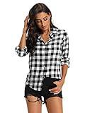 Aeslech Lightweight Plaid Shirts for Women Button Down Roll Up Sleeve Casual Tops Blouse B White S