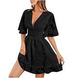 LFEOOST Short Summer Dress for Women Holiday Chiffon Casual V Neck Short Sleeve Ruffle Elastic Waist Swing Mini Dresses Black