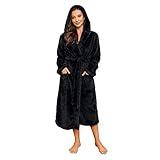 HEARTNICE Womens Hooded Fleece Robe, Thick Warm Plush Bathrobe for Women, Long Fluffy Comfy House Coat Long Fur Fleece(Black Hooded, L/XL)