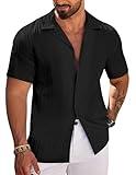 COOFANDY Mens Casual Shirt Short Sleeve Button Down Shirts for Men Fashion Textured Linen Summer Beach Shirt Black - L