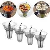 EYNEL Stack n' Sip Snack Cups, 4 Pack Reusable Plastic Drink and Snack Cups with Straws Stadium Tumbler with Top Bowl for French Fries and Coke Perfect for One-Handed On-The-Go Usage (Round, 4, Count)