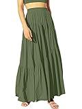 ANRABESS Women’s Boho Elastic High Waist Pleated A-Line Flowy Swing Asymmetric Tiered Maxi Long Skirt Dress with Pockets Green X-Large
